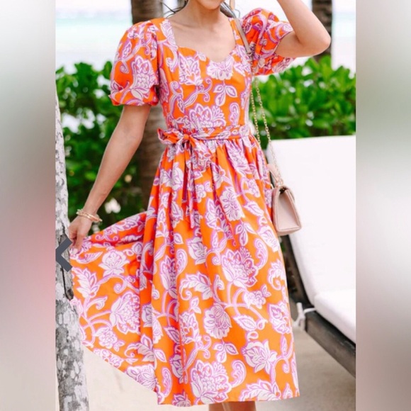 Flying Tomato Orange Orchid Puff Sleeve Midi Dress Size XS Summer Tropical Fun - Picture 1 of 11